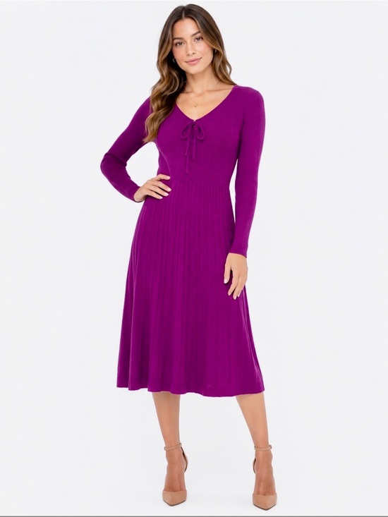 Nina Leonard Dresses & Skirts - Nina Leonard Deep Magenta Berry Purple Ribbed Knit Long Sleeve Midi Dress Small